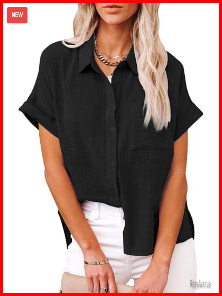 100% Cotton Button Down Short Sleeve Blouse With Pocket